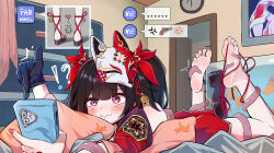 Rule 34 | !?, 1girl, bare shoulders, barefoot, black hair, blush, cellphone, clock, detached sleeves, facial mark, fish tank, fox mask, gloves, highres, holding, holding phone, honkai: star rail, honkai (series), indoors, lying, mask, mask on head, on stomach, phone, pillow, pink nails, platform footwear, purple eyes, qiufengxiaose, single glove, smartphone, smile, solo, sparkle (honkai: star rail), symbol-shaped pupils, tears, tentacles