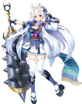 1girl artist_request bad_source bow breasts cleavage demon_horns fingerless_gloves floral_print full_body game_cg gloves holding holding_weapon horns huge_weapon japanese_clothes long_hair official_art platform_clogs pointy_ears sasanqua_(sennen_sensou_aigis) sennen_sensou_aigis solo spikes third-party_source tongue tongue_out transparent_background weapon white_bow white_hair