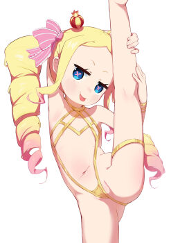 1girl absurdres areola_slip ass bare_shoulders beatrice_(re:zero) blonde_hair blue_eyes blush bow crown drill_hair flat_chest flexible groin head_tilt heart heart-shaped_pupils highres kinn_(kinn70133) leg_lift leg_up loli long_hair looking_at_viewer mini_crown multicolored_hair navel parted_bangs re:zero_kara_hajimeru_isekai_seikatsu ribbon sidelocks simple_background smile solo split spread_legs standing standing_on_one_leg standing_split striped_bow swimsuit symbol-shaped_pupils tilted_headwear tongue tongue_out twin_drills twintails two-tone_hair very_long_hair white_background