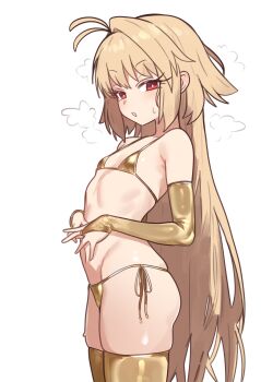 1girl absurdres aged_down antenna_hair arcueid_brunestud bad_link bikini blonde_hair breasts bridal_gauntlets cowboy_shot ebora eco-arc gold_bikini gold_thighhighs highres loli long_hair looking_at_viewer micro_bikini navel red_eyes side-tie_bikini_bottom small_breasts solo swimsuit tsukihime very_long_hair white_background
