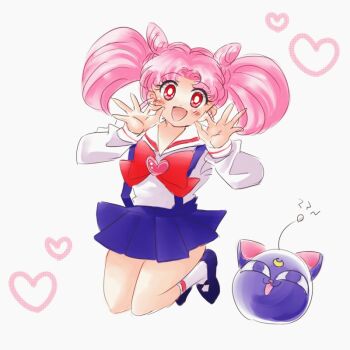 1girl bishoujo_senshi_sailor_moon brooch chibi_usa child cone_hair_bun double_bun hair_bun heart heart_brooch hnt-yuhk-7 jewelry juuban_elementary_school_uniform long_hair pink_hair pink_sailor_collar red_eyes sailor_collar school_uniform serafuku short_hair skirt smile suspender_skirt suspenders twintails