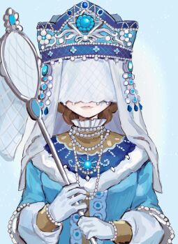 1girl blue_dress blue_gemstone blue_hat brown_hair butterfly_net clothing_request commentary dress facing_viewer fishnet_veil gem gloves hand_net hat highres hoge_(n8sss) identity_v jewelry melly_plinius melly_plinius_(sophia) multiple_necklaces necklace official_alternate_costume pearl_necklace solo straight-on symbol-only_commentary upper_body veil veil_over_eyes white_gloves white_veil