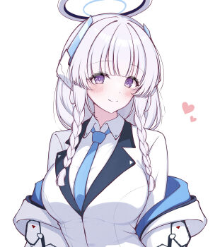 1girl absurdres aqua_necktie blue_archive blunt_bangs blush braid breasts closed_mouth collared_shirt commentary_request halo headgear highres jacket large_breasts long_hair looking_at_viewer mechanical_halo nami_1899 necktie noa_(blue_archive) purple_eyes shirt smile solo upper_body white_hair white_jacket white_shirt