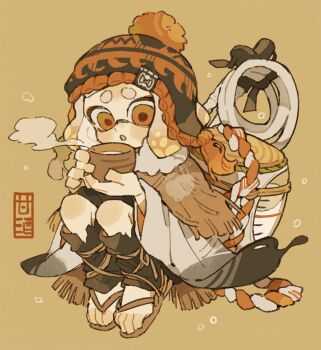 1girl :o beanie black_hat blonde_hair blowing_on_food bowl brown_capelet capelet commentary_request full_body fur-trimmed_capelet fur_trim goo_tuber_(splatoon) grey_kimono hat highres holding holding_bowl ink_tank_(splatoon) inkling inkling_girl inkling_player_character japanese_clothes kimono leg_wrap long_sleeves nintendo open_mouth orange_eyes p0m4_p0m4 pom_pom_(clothes) pom_pom_beanie short_hair simple_background solo splatoon_(series) tentacle_hair thick_eyebrows waraji weapon weapon_on_back wide_sleeves yellow_background