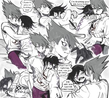 2boys absurdres black_hair blush buttons checkered_clothes checkered_scarf clothes_pull collarbone commentary cross-laced_clothes cross-laced_top cuddling danganronpa_(series) danganronpa_v3:_killing_harmony english_commentary english_text facial_hair fang flipped_hair goatee hair_between_eyes height_difference hickey highres hug kiss kissing_cheek long_sleeves male_focus miri_(bossu_osu) momota_kaito multiple_boys oma_kokichi open_mouth pants print_shirt purple_eyes purple_hair ringed_eyes scarf shirt short_hair simple_background sitting sitting_on_lap sitting_on_person sleeping smile speech_bubble spiked_hair spot_color surprised thought_bubble two-tone_scarf yaoi