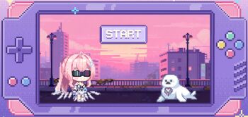 1girl aemeath_(wuthering_waves) ahoge bad_source bare_shoulders blush breasts building cleavage closed_mouth cloud facing_viewer fence glint hair_ornament hairclip lamp long_hair medium_breasts musical_note official_art pink_hair pixel_art ponytail skyscraper smile solo sun sunglasses tacet_mark_(wuthering_waves) wings wuthering_waves