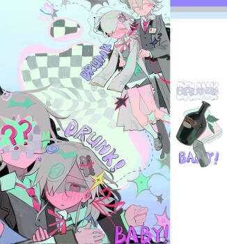 1boy 1girl ? ?? @_@ alcohol black_vest blush bottle closed_eyes coat collage collared_shirt drunk english_text flask grey_coat grey_hair grey_pants grey_vest hair_ornament hair_over_one_eye hair_ribbon highres hug jacket lab_coat lapels loafers long_hair long_sleeves mk1liaoqian necktie notched_lapels open_clothes open_coat open_mouth original pants ribbon shirt shoes short_hair shorts sleeves_past_fingers sleeves_past_wrists smile socks sparkle speech_bubble surreal vest weirdcore white_coat white_shirt white_socks