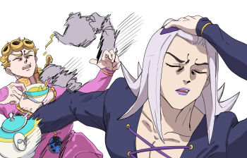 2boys afterimage blonde_hair blue_shirt brkrn cleavage_cutout closed_eyes clothing_cutout collarbone commentary_request cross-laced_clothes cross-laced_top cup earrings giorno_giovanna gold_trim hand_on_own_head hands_up heart_cutout highres holding holding_cup holding_teapot jewelry jojo_no_kimyou_na_bouken leone_abbacchio long_sidelocks long_sleeves low_ponytail medium_hair meme motion_lines multiple_boys naoya_hitting_choso_without_looking_(meme) open_mouth parted_lips pectoral_cleavage pectorals pee pee_in_container pink_shirt ponytail purple_lips scene_reference shirt sidelocks simple_background stud_earrings teacup teapot toned toned_male upper_body vento_aureo white_background white_hair