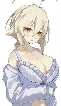 ahoge blazblue blonde_hair bra breasts cleavage commentary_request es_(xblaze) frilled_bra frills hair_flaps highres huge_breasts long_hair long_sleeves looking_at_viewer midriff nueshinmei open_clothes open_shirt sleeves_past_fingers sleeves_past_wrists underwear white_bra xblaze yellow_eyes