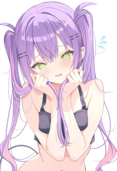 Rule 34 | 1girl, @ @, absurdres, barbell piercing, black tank top, blush, colored inner hair, commentary request, crop top, crossed bangs, demon girl, demon tail, double-parted bangs, ear piercing, flying sweatdrops, gradient hair, green eyes, hair between eyes, hair ornament, hairclip, hands up, highres, holding own hair, hololive, industrial piercing, long hair, multicolored hair, navel, nekonosuke, open mouth, paid reward available, parallel hairclips, piercing, pink hair, pink streaks, pointy ears, purple hair, simple background, solo, spiked ear piercing, streaked hair, tail, tank top, tokoyami towa, tokoyami towa (1st costume), twintails, upper body, virtual youtuber, wavy mouth, white background