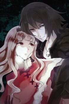 1boy 1girl black_hair capelet coat commentary_request dress jacket kurenaino_aria kusakabe_kiryuu long_hair long_sleeves looking_at_another looking_at_viewer occultic;nine red_eyes rimorimo science_adventure short_hair smile upper_body