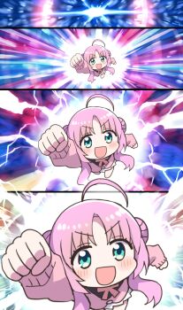 Rule 34 | 1girl, :d, ahoge, akeuchi yuu, arm up, black shirt, blue eyes, blush, clenched hand, commentary request, denkou choujin gridman, double bun, dress, hair bun, highres, hoshikuzu telepath, long hair, looking at viewer, open mouth, parted bangs, pink dress, pink hair, shirt, smile, somechime (sometime1209), ultra series, ultraman blazar (series), v-shaped eyebrows, very long hair