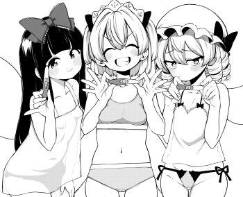 Rule 34 | 3girls, blunt bangs, blush, bow, breasts, closed eyes, closed mouth, collarbone, commentary request, drill hair, embarrassed, fairy, fairy wings, flat chest, grin, hair between eyes, hair bow, hand on own thigh, hat, headband, highres, himajin noizu, hime cut, holding, holding pregnancy test, long hair, looking at viewer, luna child, medium hair, midriff, mob cap, monochrome, multiple girls, navel, nightgown, panties, pregnancy test, see-through clothes, see-through nightgown, side-tie panties, small breasts, smile, sports bra, sports panties, star sapphire, sunny milk, tank top, teeth, touhou, underwear, wings