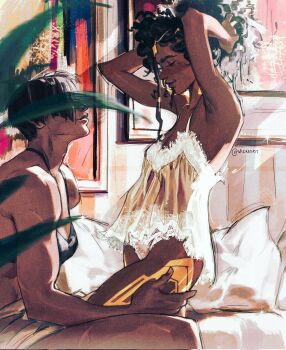 2girls arcane:_league_of_legends armpits arms_up artist_name bedroom big_nose black_bra blurry bra breasts brown_eyes brown_hair cleavage closed_eyes closed_mouth commentary couple dark-skinned_female dark_skin depth_of_field dreadlocks dress faceless faceless_female from_side girl_on_top glitter_makeup gold_tattoo hair_up highres implied_sex indoors league_of_legends leaning_back light_smile medium_breasts mel_(league_of_legends) multiple_girls muscular muscular_female nightgown on_bed panties plant sevika_(arcane) shade short_hair short_shorts shorts sunlight symbol-only_commentary twitter_username underwear white_panties wickesdt yuri