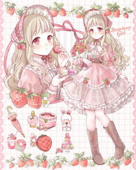 1girl :o :t blonde_hair blush bonnet boots border bottle bouquet brown_boots closed_umbrella coffee commentary_request donut dress flower food food-themed_hair_ornament fruit full_body grid_background hair_ornament highres holding holding_bouquet holding_food iced_coffee layered lolita_fashion long_hair long_sleeves looking_at_viewer macaron macaron_tower makeup_brush multiple_views original perfume_bottle pink_bonnet pink_border pink_dress plate puffy_sleeves red_eyes red_flower simple_background strawberry strawberry_hair_ornament stuffed_animal stuffed_rabbit stuffed_toy tententuyu umbrella upper_body wavy_hair
