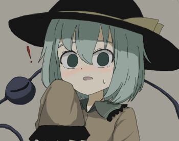 ! 1girl black_hat blush commentary_request contrast_collar empty_eyes green_eyes green_hair hair_between_eyes hand_up hat hat_ribbon heripantomorrow komeiji_koishi long_sleeves ribbon shirt simple_background solo sweatdrop third_eye touhou wide_sleeves yellow_ribbon yellow_shirt