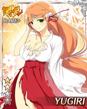 1girl arm_up border breasts broom card_(medium) chihaya_(clothing) cleavage closed_mouth english_text game_cg green_eyes hair_ornament hakama hakama_skirt hime_cut japanese_clothes kimono large_breasts looking_at_viewer miko no_bra non-web_source official_alternate_costume official_art orange_hair red_hakama ribbon_trim senran_kagura senran_kagura_new_wave skirt smile solo torn_clothes torn_hakama torn_kimono white_kimono wide_sleeves x_hair_ornament yugiri_(senran_kagura)