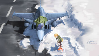 1girl absurdres aircraft airplane animal_ear_fluff animal_ears artist_name black_gloves black_pants blonde_hair boots breath brown_boots canards canopy_(aircraft) coat commentary_request day drop_trap fighter_jet footprints fox_ears fox_girl fox_tail full_body gloves green_coat highres holding holding_shovel hood hooded_coat kudryavka_trop landing_gear military_vehicle original outdoors pants runway saab_gripen shadow short_hair shovel shoveling signature snow snow_shovel solo tail tarpaulin yellow_tail