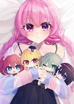 1girl ;) absurdres aqua_eyes aqua_hair arihara_nanami bare_shoulders black_camisole black_hair black_hat blonde_hair blue_eyes blunt_bangs blush braid bright_pupils camisole ch2sh character_doll closed_mouth collarbone commentary_request doll eyelashes eyes_visible_through_hair garrison_cap hair_between_eyes hair_bobbles hair_ornament hairband hat highres holding holding_doll light_smile looking_at_viewer low_twintails lying mibu_chisaki mitsukasa_ayase nijouin_hazuki official_alternate_costume official_alternate_hairstyle on_back one_eye_closed one_side_up pink_hair purple_eyes red_eyes red_hair red_hairband riddle_joker shikibe_mayu sleeves_past_wrists smile solo strap_slip twin_braids twintails upper_body white_pupils x_hair_ornament