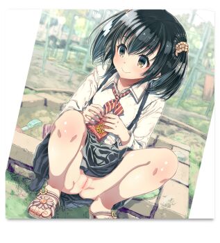 1girl black_hair blush cleft_of_venus female_focus highres loli nude_filter original outdoors ozzzzy playground pussy sand sandals sandbox school_uniform scrunchie shirt short_twintails skirt solo source_request spread_legs squatting striped_neckwear swing_set third-party_edit toes twintails uncensored white_shirt