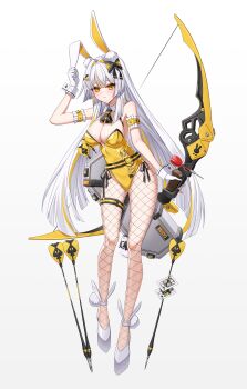 1girl absurdres animal_ears arm_garter arm_up arrow_(projectile) bare_shoulders belt black_survival bow bow_(weapon) breasts card cleavage closed_mouth commentary dart detached_collar eternal_return:_black_survival fishnet_pantyhose fishnets frown full_body gloves hair_bow highleg highleg_leotard highres holding holding_bow_(weapon) holding_weapon large_breasts leotard long_hair looking_at_viewer minami_rio minami_rio_(winning_shot) multicolored_hair official_alternate_costume pantyhose playboy_bunny playing_card quiver rabbit_ears shoes side-tie_leotard simple_background solo spaghetti_strap streaked_hair thigh_strap thighs very_long_hair weapon white_background white_gloves white_hair white_shoes wrist_cuffs yellow_eyes yellow_leotard yeong_r6