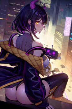 1girl akuma_nihmune ass bandaid bandaid_on_face bandaid_on_nose bare_shoulders billboard black_gloves black_hair black_jacket black_thighhighs boots breasts city cityscape clickdraws closed_mouth cyberpunk demon_horns fingerless_gloves from_behind gloves grey_leotard highleg highleg_leotard highres honeycomb_(pattern) horns indie_virtual_youtuber jacket jump_king jump_king_(character) large_breasts leotard long_sleeves looking_at_viewer looking_back multicolored_hair off_shoulder profile rainhoe robot science_fiction short_hair sidelocks sitting smile solo strap_slip streaked_hair thighhighs thighs virtual_youtuber yellow_eyes