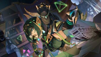 1girl absurdres ancient_egyptian_clothes anemo_symbol_(genshin_impact) animal animal_on_shoulder ashru_(genshin_impact) black_cat book bookshelf breasts cat commentary cryo_symbol_(genshin_impact) dendro_symbol_(genshin_impact) dutch_angle electro_symbol_(genshin_impact) english_commentary evil_smile fake_claws finger_to_mouth genshin_impact geo_symbol_(genshin_impact) gloves green_eyes green_hair green_shirt guest_art headpiece highres holding holding_paper hydro_symbol_(genshin_impact) indoors medium_breasts merah_drow mole mole_under_eye nefer_(genshin_impact) paper parted_lips pyro_symbol_(genshin_impact) second-party_source shirt short_hair smile solo symbol-shaped_pupils triangle-shaped_pupils upper_body white_pubic_hair