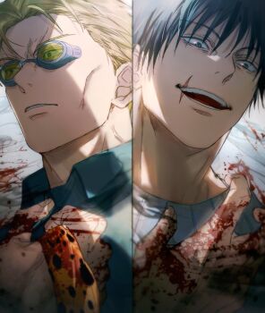 2boys absurdres black_eyes black_hair blonde_hair blood blood_on_hands blue_shirt collared_shirt frown fushiguro_touji hand_up highres jujutsu_kaisen male_focus multiple_boys nanami_kento open_mouth parted_lips round_eyewear scar scar_on_face scar_on_mouth shirt short_hair smile split_screen sweater upper_body v-shaped_eyebrows white_background white_sweater yoon_(dmsco1803)