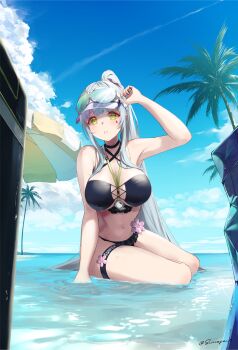 1girl absurdres adjusting_eyewear armband artist_name beach_umbrella between_breasts bikini black_bikini blue_sky blush breasts cloud cloudy_sky commentary_request countdown_timer eyewear_on_head flower full_body girls&#039;_frontline girls&#039;_frontline_2:_exilium green_armband green_eyes grey_hair highres hk416_(girls&#039;_frontline) klukai_(cerulean_breaker)_(girls&#039;_frontline_2) klukai_(girls&#039;_frontline_2) large_breasts long_hair looking_at_viewer official_alternate_costume open_clothes open_mouth palm_tree partially_submerged pink_flower ponytail s-masa_7131 sitting sky solo sunglasses swimsuit tattoo teardrop_facial_mark teardrop_tattoo thigh_strap tree twitter_username umbrella visor_cap white_mouth