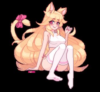 1girl ^_^ animal_ears animated animated_gif artist_name blinking blonde_hair breasts cat_ears cat_girl cat_tail closed_eyes commission cropped_shirt doosio heart heart_in_eye lowres medium_breasts original pixel_art red_eyes shirt sitting sleeveless sleeveless_shirt smile soles solo symbol_in_eye tail thighhighs tongue tongue_out transparent_background white_shirt white_thighhighs winking_(animated)