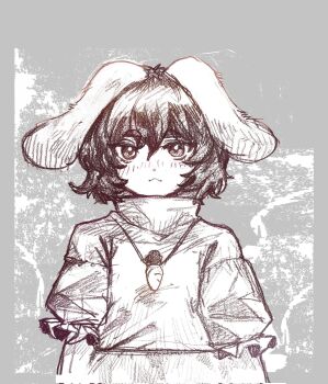 1girl animal_ears blush carrot_necklace closed_mouth commentary expressionless floppy_ears frilled_sleeves frills greyscale highres inaba_tewi jewelry looking_at_viewer monochrome necklace nio_(meple_nio) puffy_short_sleeves puffy_sleeves rabbit_ears rabbit_girl short_hair short_sleeves solo touhou upper_body