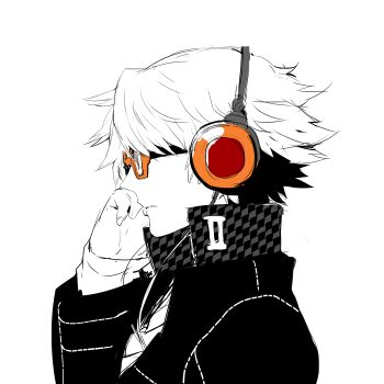 1boy commentary_request from_side glasses greyscale hair_between_eyes hanamura_yousuke headphones jacket long_sleeves male_focus mami_(apsaras) monochrome orange-framed_eyewear parted_lips persona persona_4 profile school_uniform simple_background solo spot_color upper_body yasogami_school_uniform