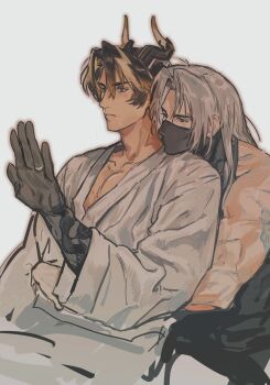 Rule 34 | 2boys, absurdres, arknights, black mask, chinese commentary, chongyue (arknights), colored extremities, commentary request, covered mouth, dragon boy, dragon horns, grey hair, highres, horns, hug, jewelry, long hair, male focus, mask, mouth mask, multicolored hair, multiple boys, pectoral cleavage, pectorals, ponytail, red eyes, ring, simple background, streaked hair, toned, toned male, ulpianus (arknights), yaoi, zhishiyigeyouxibot