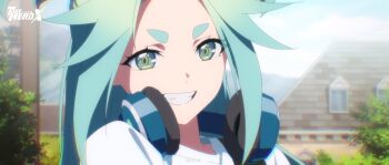 1girl :d absurdres anime_screenshot blue_hair blurry blurry_background bush chinese_commentary commentary_request copyright_logo depth_of_field green_eyes grin head_tilt headphones headphones_around_neck highres house logo looking_at_viewer lucky_cyan_(to_be_hero_x) mountainous_horizon official_art open_mouth railing road shirt sidelocks smile solo street to_be_hero to_be_hero_x upper_body white_shirt