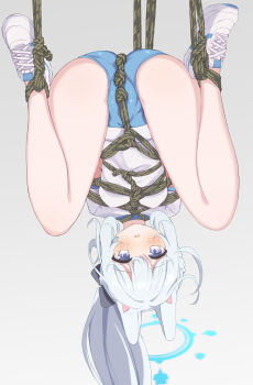 Rule 34 | 1girl, alternate costume, animal ear hairband, animal ears, arms behind back, ass, bdsm, between breasts, between buttocks, between legs, black bow, black bowtie, blue archive, blue buruma, blue halo, blush, bondage, bound, bound ankles, bound arms, bound breasts, bound torso, bow, bowtie, breast bondage, breasts, buruma, crotch rope, embarrassed, fake animal ears, female focus, gym uniform, hair between eyes, hair bow, hair ornament, hairband, halo, hamuta (machosbrown), highres, legs, legs apart, long hair, miyako (blue archive), parted lips, perky breasts, rabbit ears, shibari, shibari over clothes, shirt, short sleeves, sidelocks, simple background, skin tight, skindentation, small breasts, solo, spread legs, suspended congress, suspension, tongue, upside-down, white background, white hair, white shirt