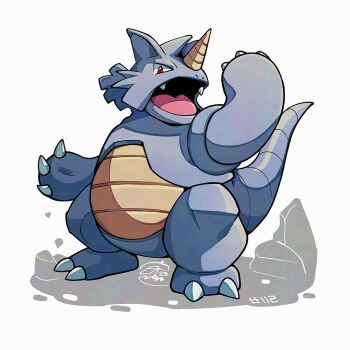 :d gen_1_pokemon hand_up horns mistray-art nintendo open_mouth pokedex_number pokemon pokemon_(creature) red_eyes rhydon single_horn smile standing tail white_background