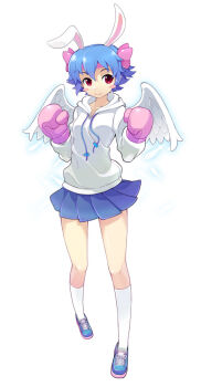 10s 1girl animal_ears armcho blue_hair boxing_gloves bunny_(trickster) female_focus full_body hair_ornament headband hood hoodie kneehighs lina_(trickster) miniskirt pleated_skirt rabbit_ears red_eyes shoes short_hair simple_background skirt smile socks solo standing sweater trickster_(ntreev_soft) wings