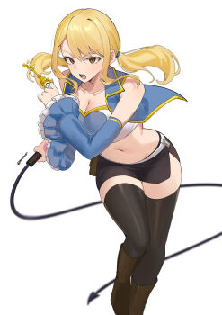 1girl absurdres black_thighhighs blonde_hair blue_sleeves breasts brown_eyes cleavage commentary detached_sleeves fairy_tail highres holding holding_key holding_whip key looking_at_viewer lucy_heartfilia medium_breasts midriff navel open_mouth panties pencil_skirt pinepin short_twintails simple_background skirt solo teeth thighhighs twintails underwear whip white_background white_panties