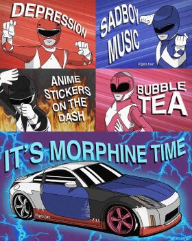 1girl 3boys car clenched_hand electricity english_text fighting_stance frown geo.baz gloves helmet highres mammoth_ranger mighty_morphin_black_ranger mighty_morphin_blue_ranger mighty_morphin_pink_ranger mighty_morphin_power_rangers mighty_morphin_red_ranger motor_vehicle multiple_boys nissan nissan_350z nissan_fairlady_z parody power_rangers ptera_ranger shadow sports_car tricera_ranger tyranno_ranger vehicle_focus white_gloves