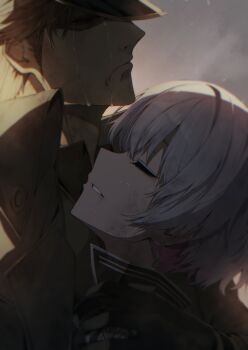 Rule 34 | 1boy, 1girl, absurdres, breasts, closed eyes, commentary request, crying, death, dress, earrings, gloves, goddess of victory: nikke, hat, highres, holding, hosun, hug, jacket, jewelry, liliweiss (nikke), long hair, manly tears, multicolored hair, pink hair, short hair, smile, streaming tears, sunglasses, tears, the legendary commander (nikke), white hair