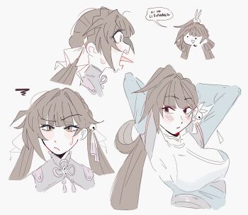 2girls adjusting_hair annoyed blush_stickers breasts brown_eyes brown_hair character_name commentary cropped_torso crossover english_commentary english_text hair_ornament highres honkai:_star_rail honkai_(series) large_breasts li_sushang li_sushang_(peregrine_sword) long_hair long_sleeves looking_at_another multiple_girls open_mouth simple_background smile speech_bubble surprised sushang_(honkai:_star_rail) sweat tongue tongue_out twintails unfamousradish white_background