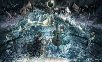 2girls ahoge aqua_eyes barcarola_(reverse:1999) black_hair black_sky blue_shirt blue_skirt bow_(music) braid closed_eyes closed_mouth cloud conch dark_cloud dixie_cup_hat eclipse fatutu flower flute french_horn from_side gloves hair_flower hair_ornament hat highres holding holding_bow_(music) holding_shell instrument lightning long_hair looking_at_viewer lute_(instrument) medium_skirt military_hat multiple_girls ocean pantyhose profile railing rain renga_(artist) reverse:1999 sailor_collar shell shirt skirt sky sleeveless sleeveless_shirt smile socks solar_eclipse storm twin_braids watermark waves weibo_watermark white_flower white_gloves white_hat white_pantyhose white_shirt white_skirt white_socks wide_shot wooden_floor xylophone