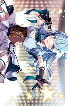 1girl black_gloves blue_dress blue_eyes blue_hair blue_ribbon blush brown_corset center_frills concert corset dress frilled_dress frills gloves hair_ornament hair_ribbon hairclip hands_up haruhina_purple highres holding holding_microphone idol idol_clothes indie_virtual_youtuber looking_at_viewer microphone music nagi_nagisa open_mouth outstretched_arm ribbon screen singing solo stage stage_lights star_(symbol) virtual_youtuber