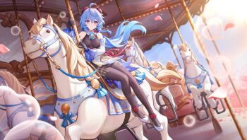 1girl ahoge bare_shoulders black_gloves blue_hair bodystocking carousel commentary_request detached_sleeves ganyu_(genshin_impact) genshin_impact gloves highres horns long_hair long_sleeves looking_at_viewer official_art purple_eyes second-party_source skirt smile solo very_long_hair white_skirt