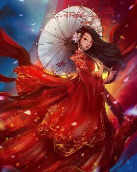 1girl adapted_costume animification asian black_hair brown_eyes chinese_clothes dress earrings fa_mulan_(disney) hanfu holding jewelry long_hair looking_at_viewer makeup mulan_(movie) non-web_source roytheart simple_background smile solo source_request