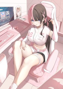 1girl absurdres belt black_hair blue_eyes bow braid breasts chair computer crop_top detached_sleeves ear_piercing gaming_chair hair_bow hanabusa_lisa highres holding holding_own_hair knees_up large_breasts long_hair long_sleeves looking_at_viewer midriff miduki_yoshi miniskirt multicolored_hair navel parted_lips piercing pink_hair pink_theme shirt short_sleeves shorts shorts_under_skirt sitting skirt solo split-color_hair stomach swivel_chair tachibana_hinano thigh_strap thighs valorant virtual_youtuber vspo! white_shirt white_skirt zipper