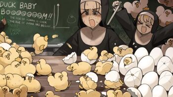 >_< 3girls :d baby_animal bird black_hair blonde_hair chalkboard chicken clumsy_nun_(diva) commentary diva_(hyxpk) duck duckling egg english_commentary feathers freckles freckles_nun_(diva) froggy_nun_(diva) hatching highres little_nuns_(diva) multiple_girls nun open_mouth smile sweat too_many traditional_nun writing