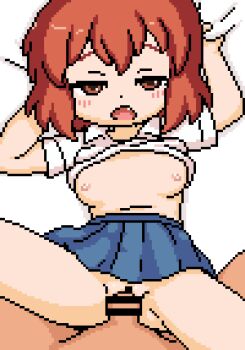 1boy 1girl akai_(ugokashitari) animated animated_gif bar_censor bed bed_sheet blue_skirt blush bouncing_breasts breasts brown_eyes censored collared_shirt cum cum_in_pussy cum_overflow fang hetero inokuma_youko kin-iro_mosaic lying miniskirt missionary nipples on_back on_bed open_mouth penis pleated_skirt pussy pussy_juice red_hair saliva sex sheet_grab shirt short_sleeves skirt small_breasts solo_focus spread_legs vaginal white_shirt
