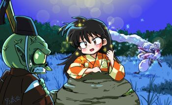1girl 2boys anger_vein black_hair brown_eyes checkered_clothes checkered_kimono clenched_teeth colored_skin green_skin inuyasha jaken japanese_clothes kimono long_hair medalist_(manga) meme multiple_boys night orange_kimono outdoors pointing pointing_backward pointy_ears rin_(inuyasha) scene_reference sesshoumaru smug_inori_(meme) sparkle teeth wanta_(futoshi)