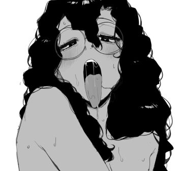 1girl bare_shoulders broccoli_(ohasi) commentary dark-skinned_female dark_skin drooling face_piercing glasses greyscale heart heart-shaped_pupils long_hair looking_at_viewer monochrome nose_piercing ohasi open_mouth original piercing portrait round_eyewear saliva solo sweat symbol-only_commentary symbol-shaped_pupils teeth tongue tongue_out topless_female upper_teeth_only very_dark_skin